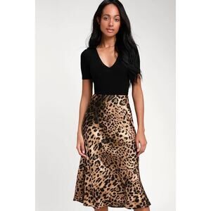 Lulus Wild Wonder Brown Leopard Print Satin Midi Skirt - Size S